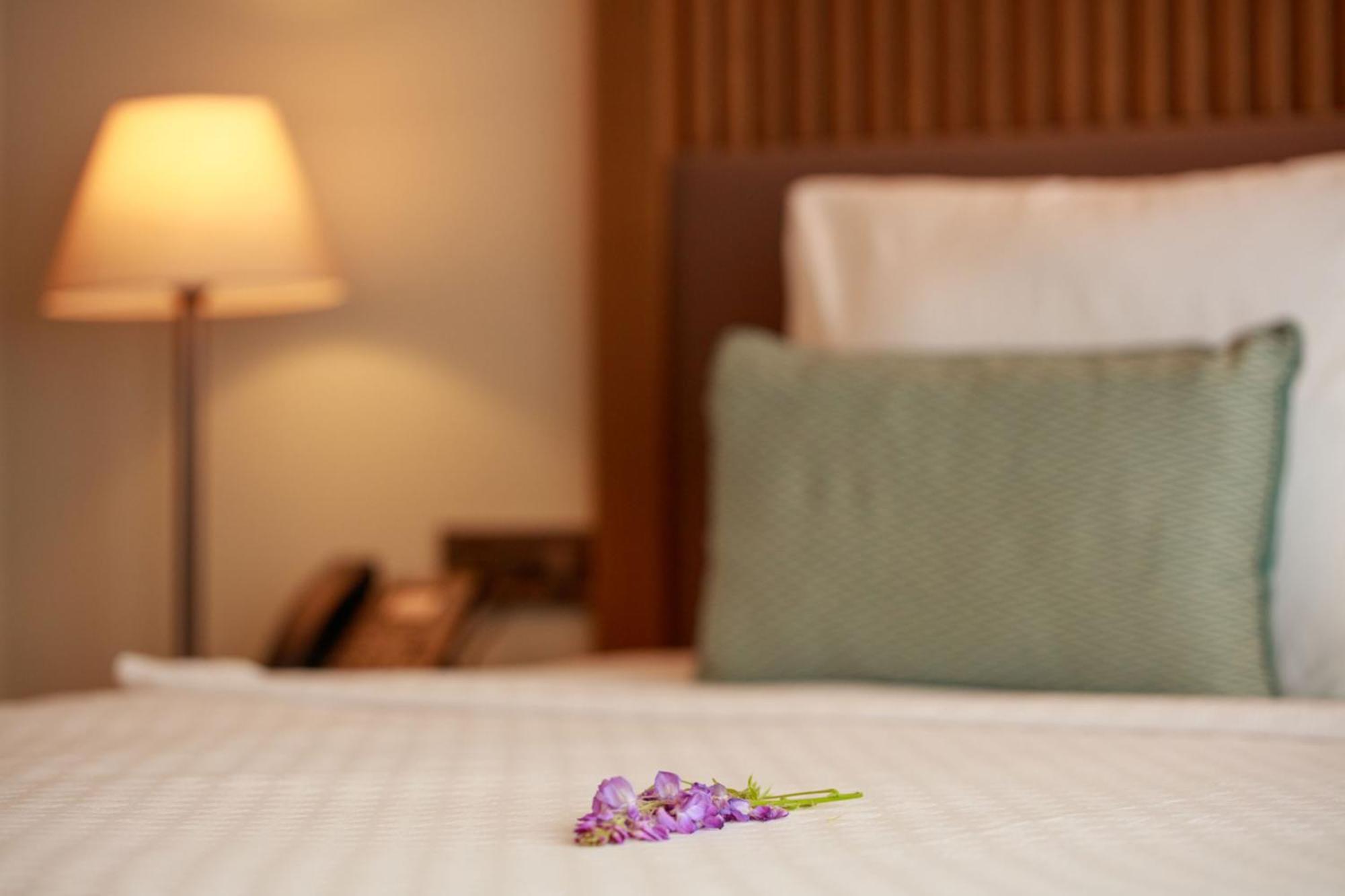 Suite con cama extragrande y vistas a la piscina